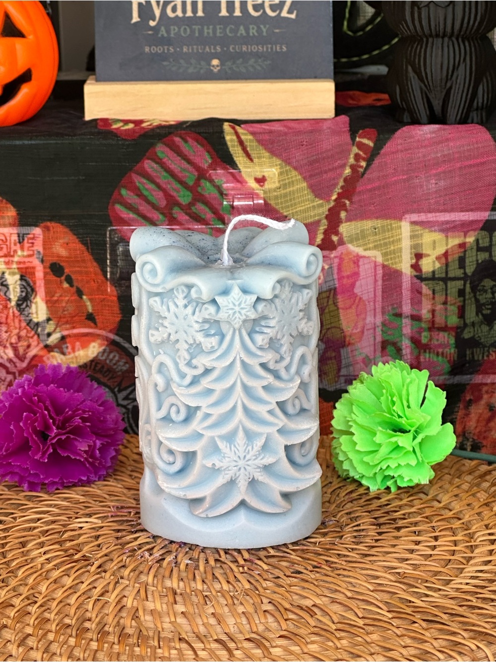 Icy Blue Christmas Tree Pillar Candle